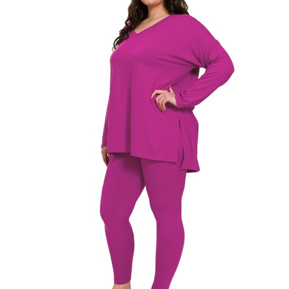 V-Neck Long-Sleeve Loungewear Leggings Set - Picture 1 of 4